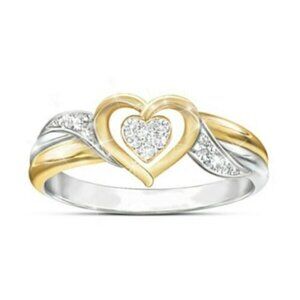 New - Heart With White Topaz Two Tone Ring - Size 6